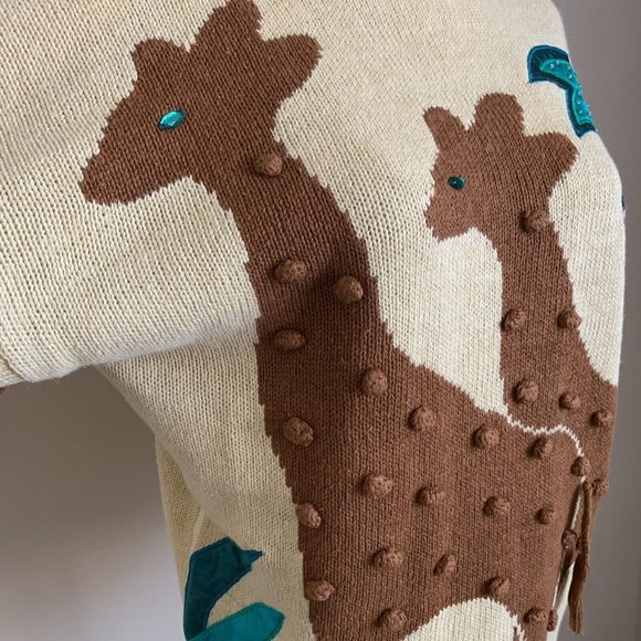 Vintage 80s Cervelle Giraffe Africa Safari Pom Pom Palm Tree Novelty Sweater M - Picture 4 of 10